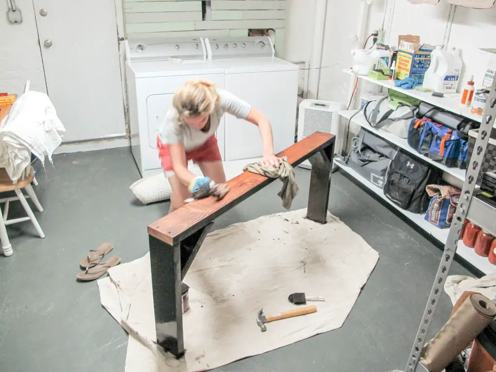 DIY table for behind the sofa. Stained with Varathane wood stain in Carrington. Sealed with Matte Polyurethane. 