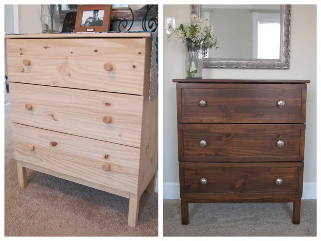 Ikea Tarva hack with Minwax Gel Stain and mercury glass nobs