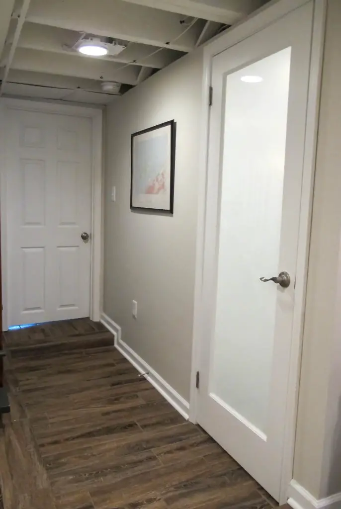 Basement bathroom addition with privacy glass door - gives the illusion of more space. | EffieRow.com