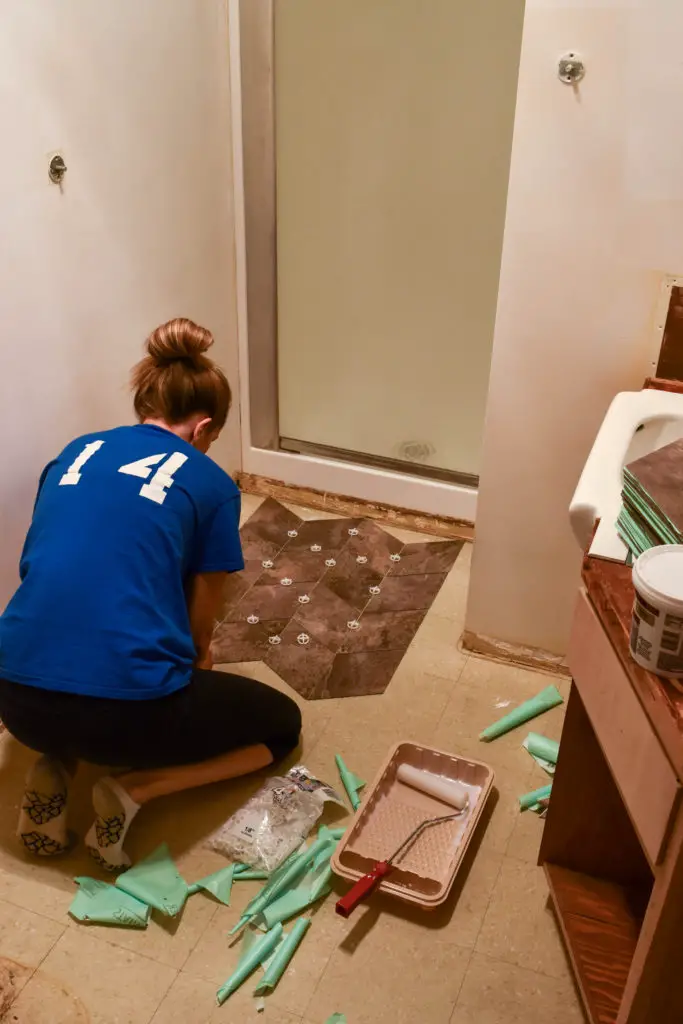 DIY grouted vinyl tile floors with a custom design