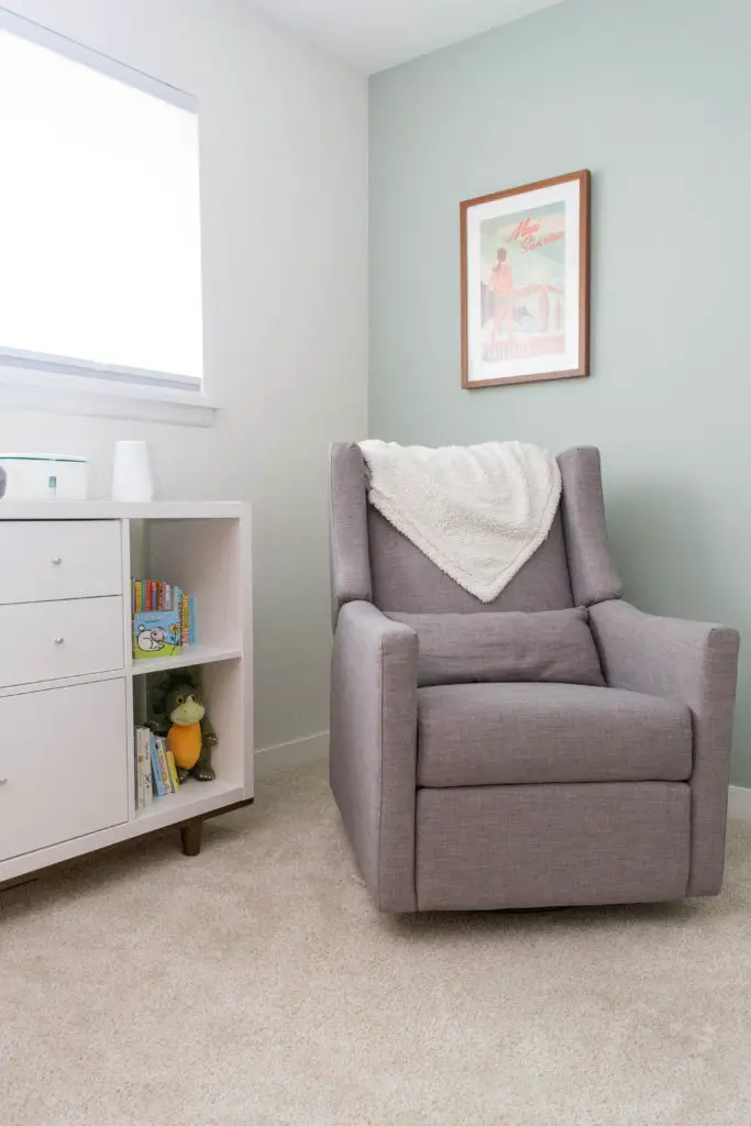 Babyletto Kiwi Glider in a mid century gender neutral nursery. Window treatments are cordless, blackout, AND light filtering - a must for daytime naps!