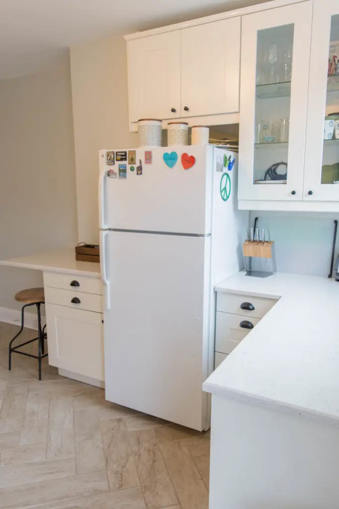 Ikea Grimslov kitchen upgrade. White on white kitchen with herringbone tile floors. | from EffieRow.com