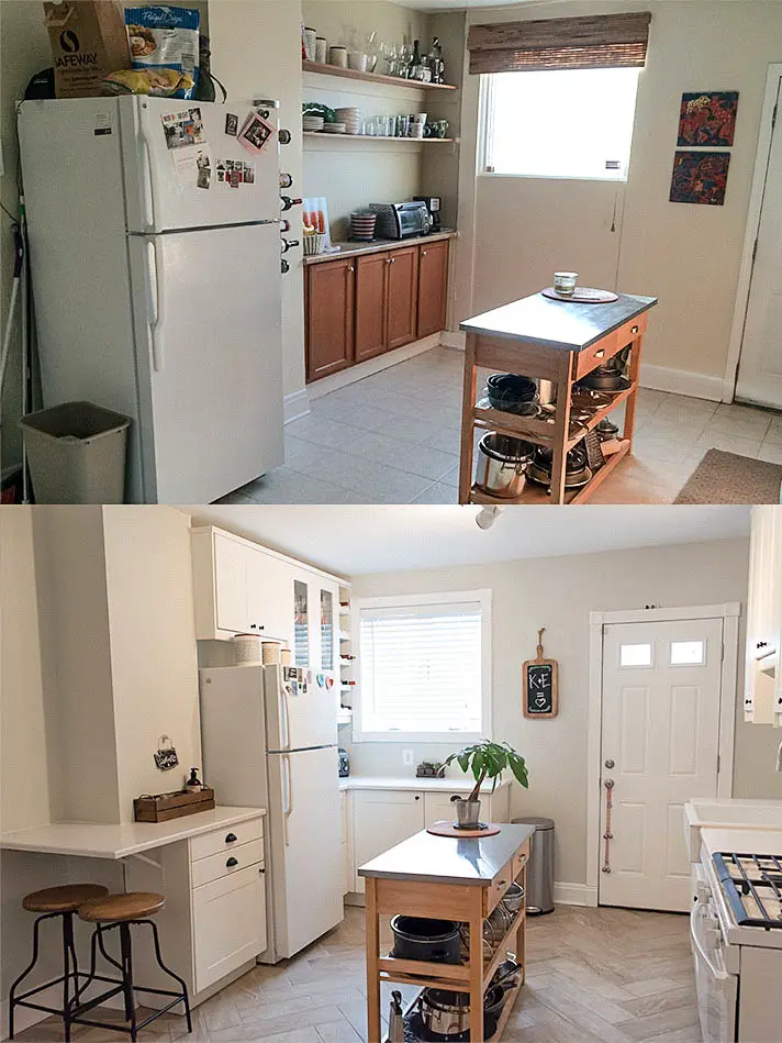 Before & After. Ikea Grimslov kitchen upgrade. White on white kitchen with herringbone tile floors. | from EffieRow.com