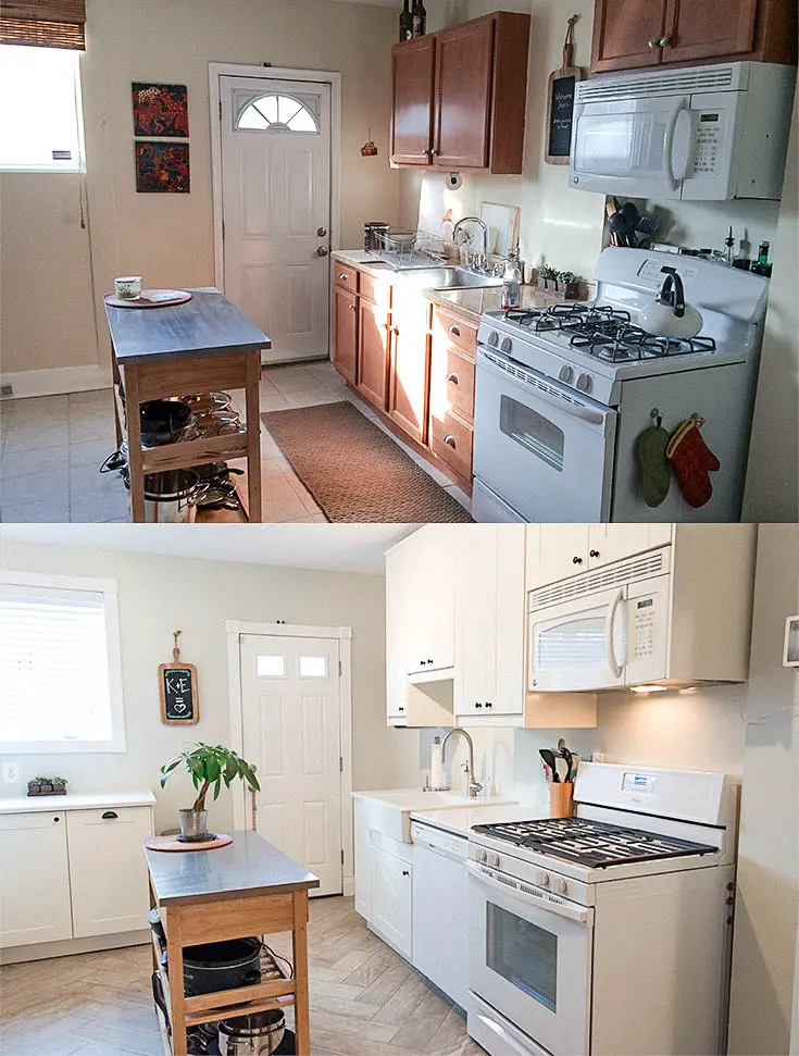 Before & After. Ikea Grimslov kitchen upgrade. White on white kitchen with herringbone tile floors. | from EffieRow.com