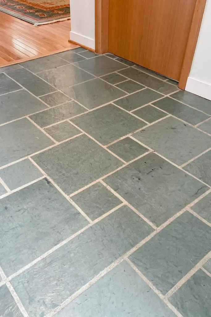 Jade green slate tile floors - mid century modern entryway. 