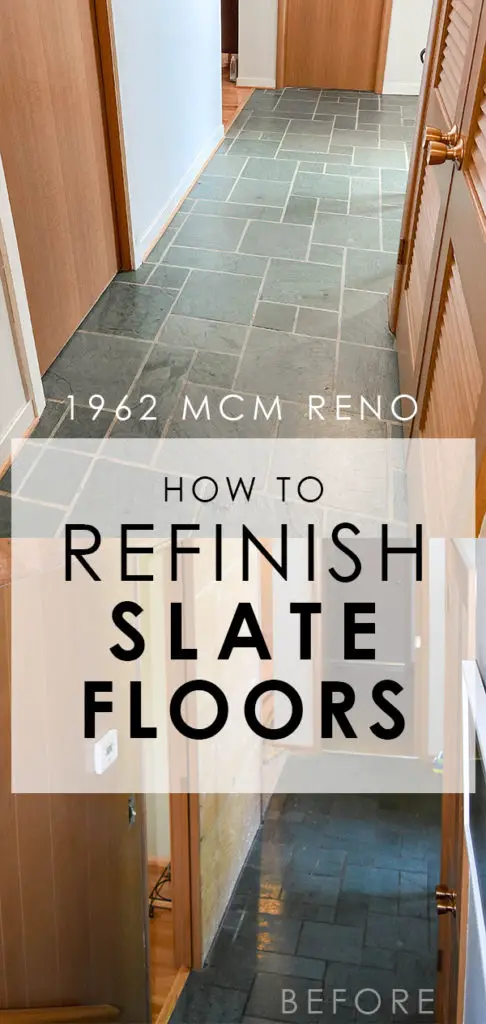 Stripping and refinishing jade green slate tiles in a mid century entryway. | EffieRow.com