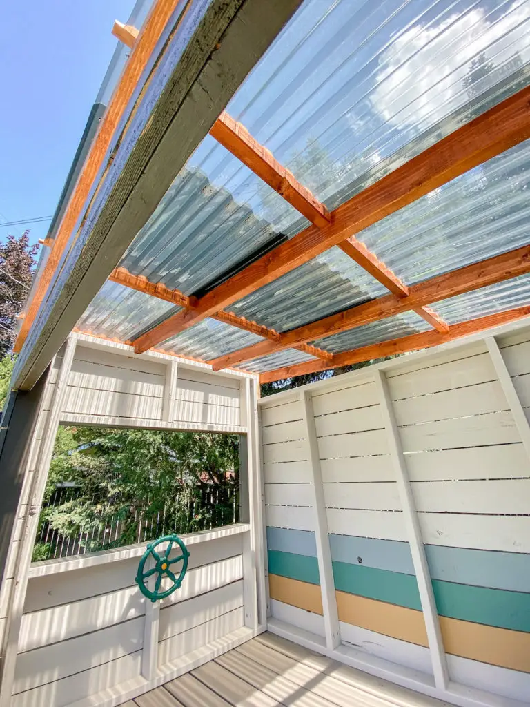 DIY modern playhouse roof with Suntuf "Solar Grey" panels | EffieRow.com - Playhouse Made Modern