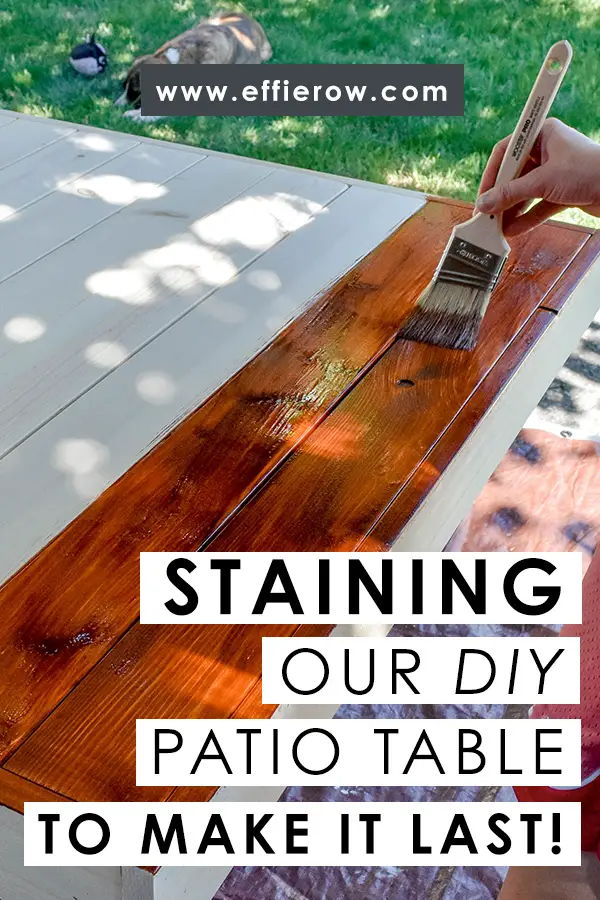 Outdoor furniture stain for a DIY modern patio table | EffieRow.com
#outdoorfurniture #diyoutdoorfurniture #diypatiotable #diymodernpatiotable #diymoderntable #outdoorfurniturestain #woodstain #cabotstain #australiantimberoil